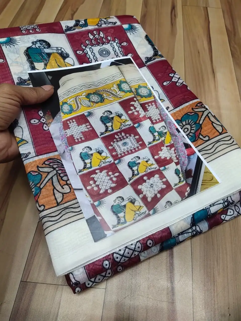 Maroon Folk Motif Bagru Mulmul Cotton Saree